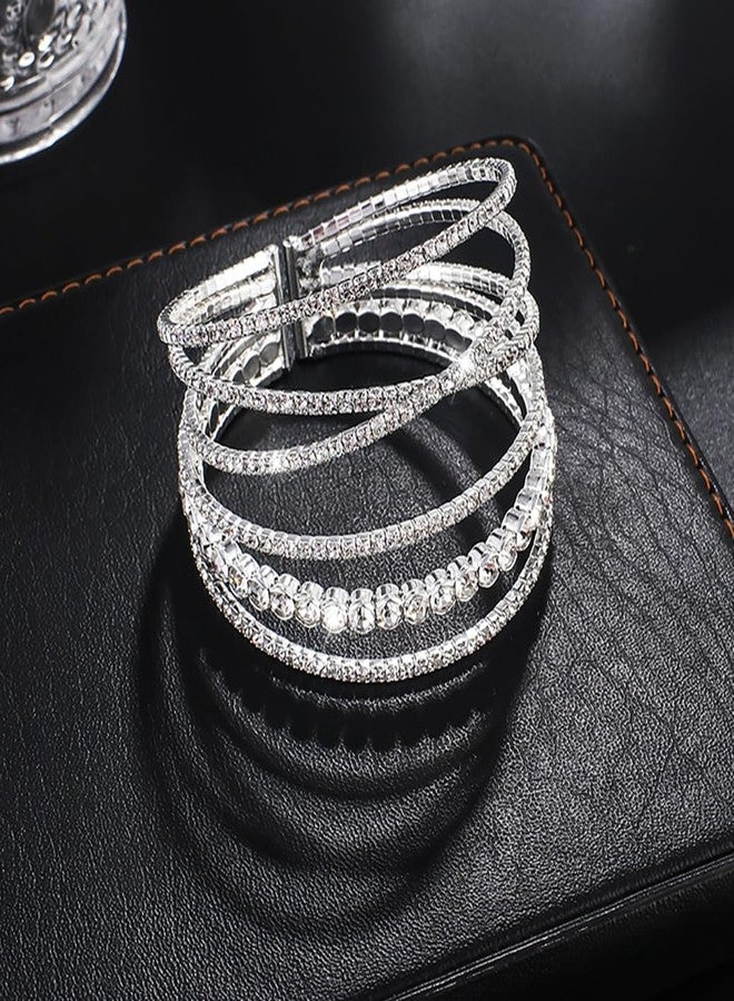 Wovanoo Rhinestone Cuff Bracelet for Women 2Pieces MultiLayer Rhinestone Bracelet Sparkling Crystal Bridal Bracelet for Party Prom Wedding Silver 1 - Image 4